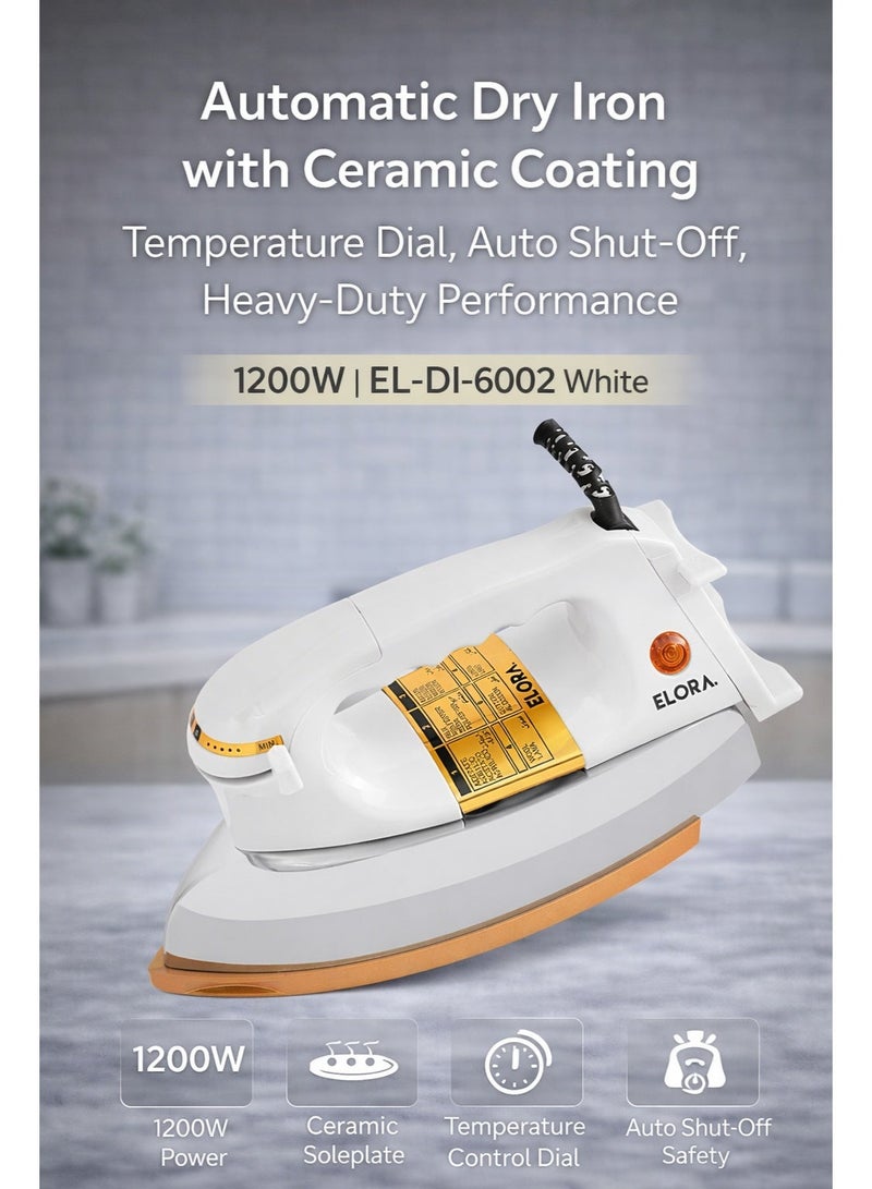 Elora Automatic Dry Iron with Temperature Dial & Auto Shut-Off | Heavy-Duty Ceramic Coating, 1200W – EL-DI-6002 (White) - Image 1